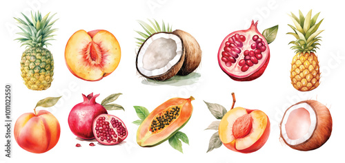 Watercolor tropical fruits set pineapple, peach, coconut, pomegranate and papaya hand drawn illustration on white background