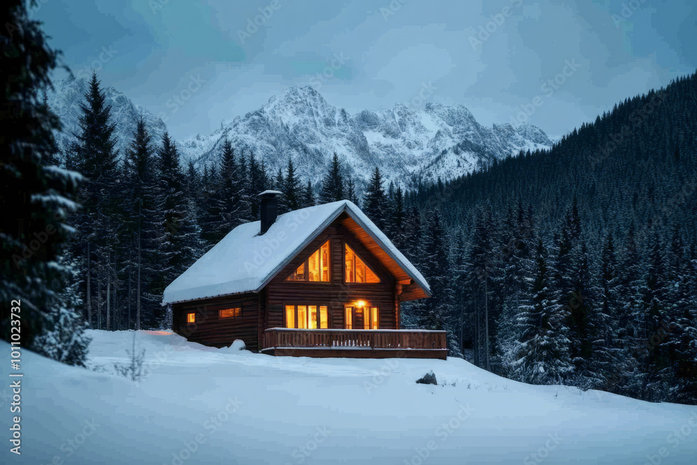 House in a snowy mountain forest with windows glowing from the inside House in a snowy mountain forest with windows glowing from the inside