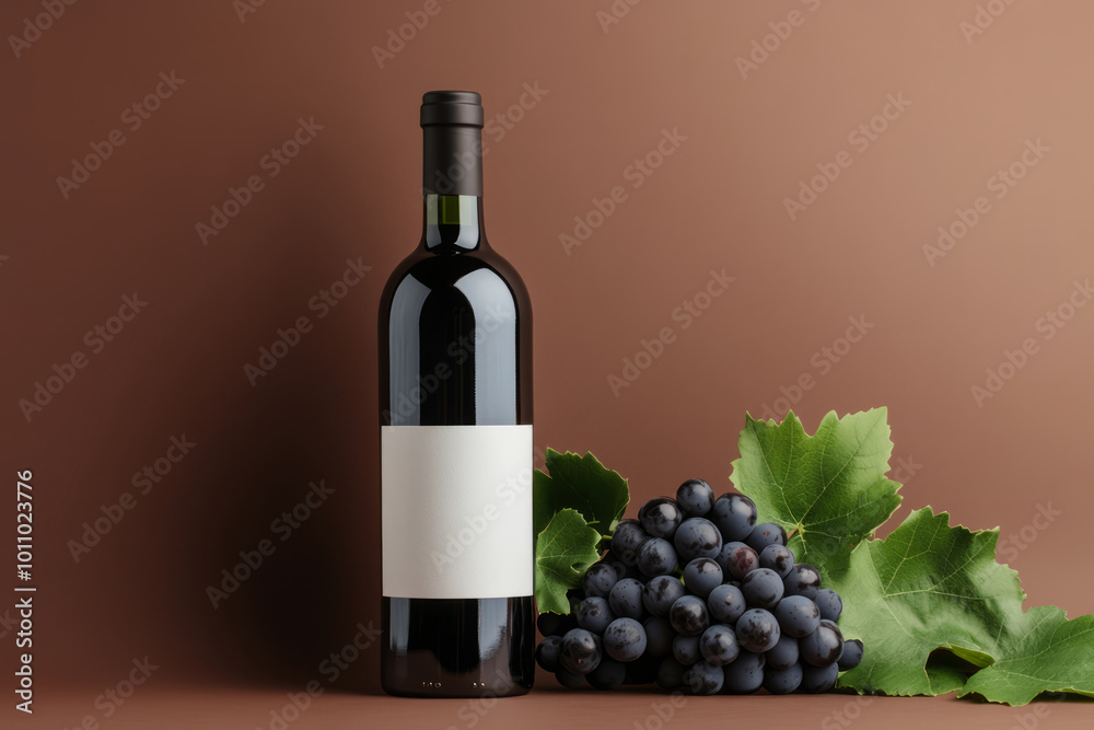 Obraz premium Wine bottle beside a bunch of dark grapes, vine leaves