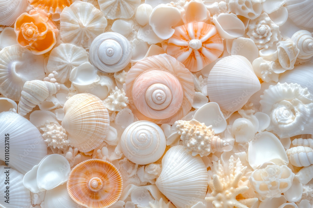 Vibrant assortment of various seashells in different shapes, sizes, patterns Vibrant assortment of various seashells in different shapes, sizes, patterns
