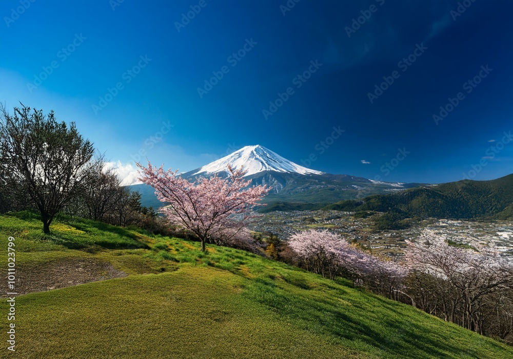 Fototapeta premium A mountain with a snow-capped peak stands against a clear blue sky, surrounded by lush green hills and a scattering of pink cherry blossom trees.