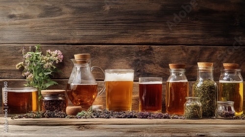 A collection of Northern beverages, such as herbal teas and craft beers, displayed against a rustic wooden background. photo