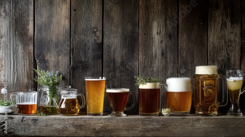 A collection of Northern beverages, such as herbal teas and craft beers, displayed against a rustic wooden background. photo