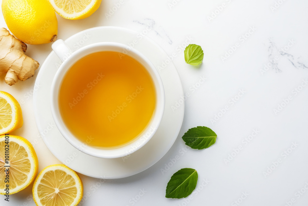 Cup of ginger lemon tea with fresh lemons, ginger root, and mint leaves Cup of ginger lemon tea with fresh lemons, ginger root, and mint leaves