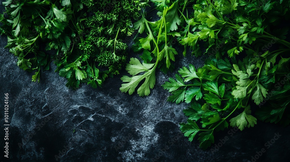 Mediterranean herbs: parsley leaves and sprigs, ideal for cooking, healthy eating, or nutritional design. Mediterranean herbs: parsley leaves and sprigs, ideal for cooking, healthy eating, or nutritional design.