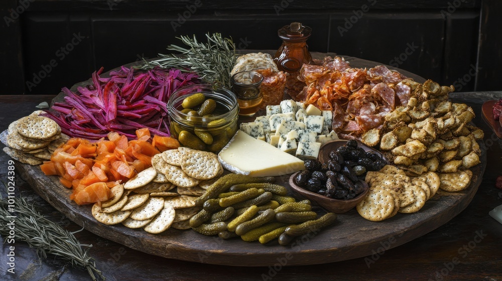 A collection of Northern snacks arranged on a platter, including pickled vegetables, crackers, and cheeses for sharing. A collection of Northern snacks arranged on a platter, including pickled vegetables, crackers, and cheeses for sharing.