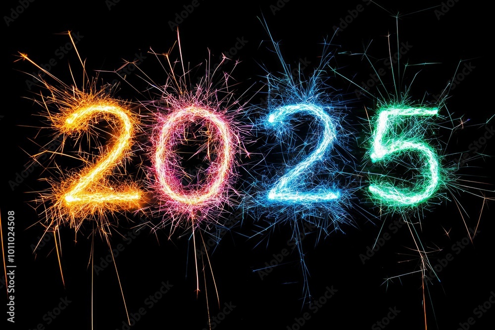 Colorful Sparklers draw text 2025 on black background Colorful Sparklers draw text 2025 on black background