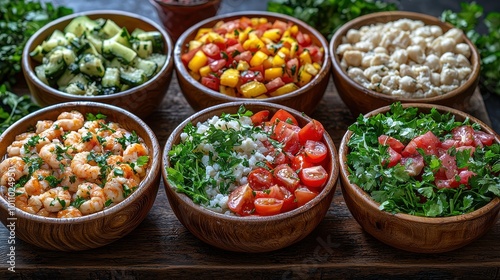 Colorful spread of fresh salads and ingredients on a wooden table at a summer outdoor gathering