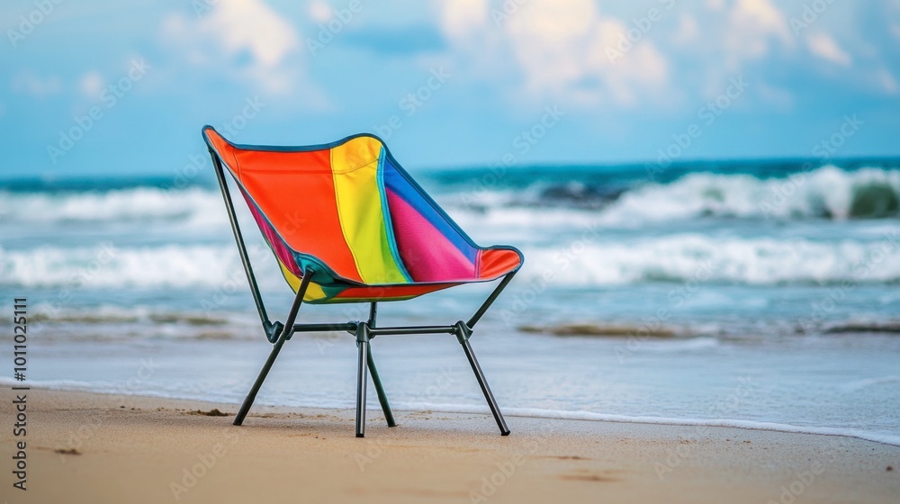 A colorful folding cartoon chair, positioned on a sunny beach with exaggerated waves in the background. A colorful folding cartoon chair, positioned on a sunny beach with exaggerated waves in the background.