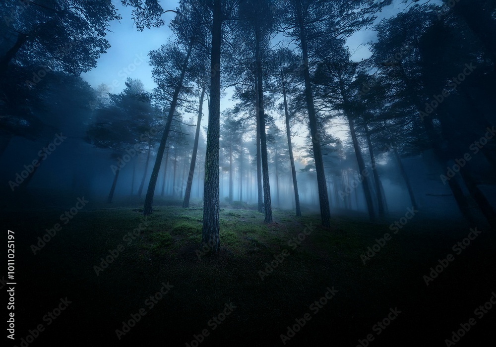 A misty forest with tall trees, the light peeks through the canopy above. A misty forest with tall trees, the light peeks through the canopy above.