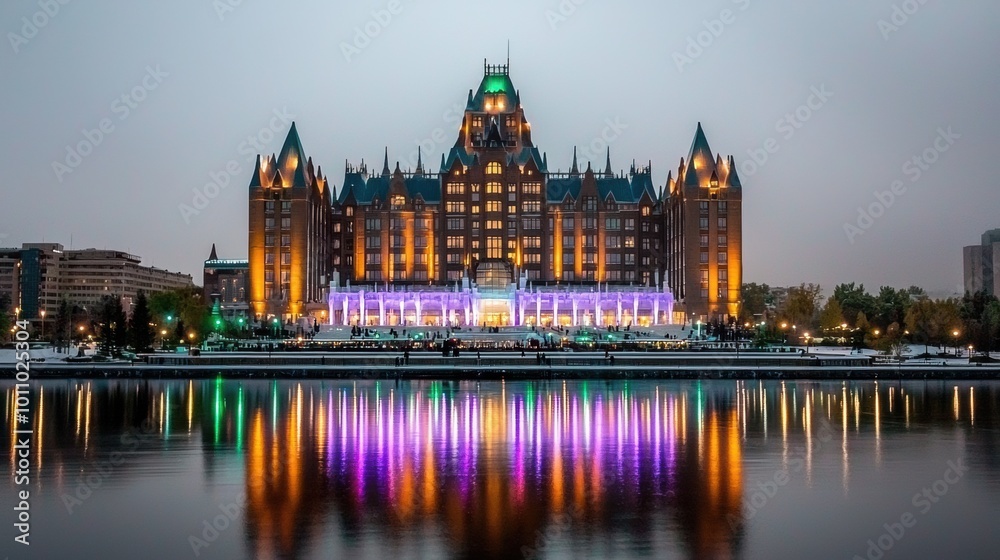 Stunning Castle Reflection at Dusk with Colorful Lights Stunning Castle Reflection at Dusk with Colorful Lights