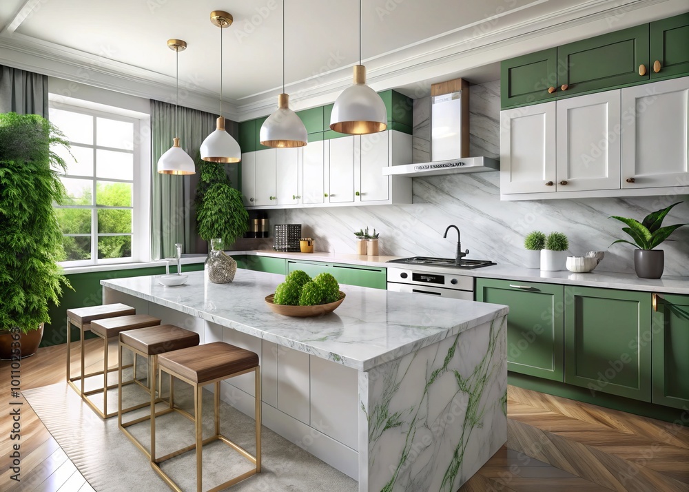 Fototapeta premium Sleek white marble tabletop with vibrant green accents showcased in a stylish, modern 3D rendered kitchen setting,