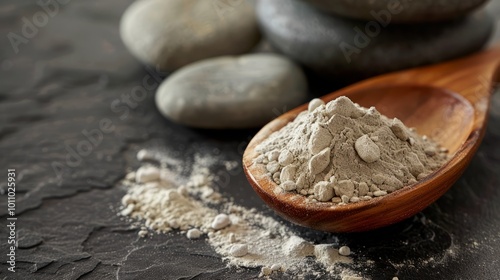 smooth stones and a wooden spoon for scooping the powders photo