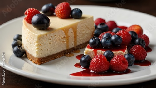 A slice of cheesecake with a graham cracker crust, topped with blueberries, raspberries, and strawberries, and drizzled with a red sauce.