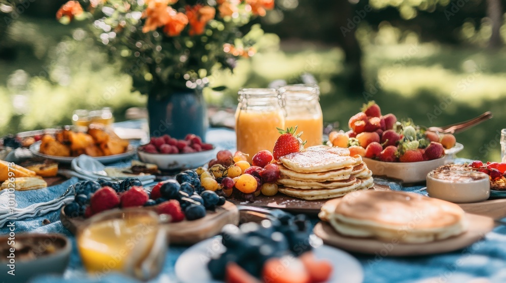 A delightful outdoor brunch featuring Northern food favorites like pancakes and fresh fruit, enjoyed with friends and family.