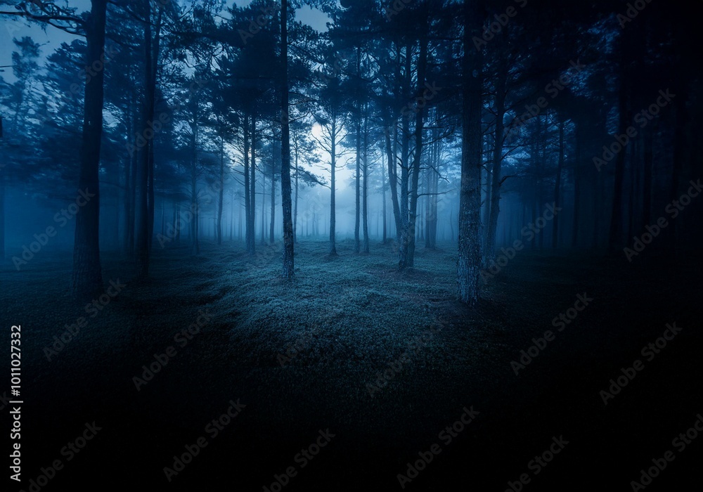 A misty forest at night, the tall trees stand in silhouette against the faint glow of the moon. A misty forest at night, the tall trees stand in silhouette against the faint glow of the moon.