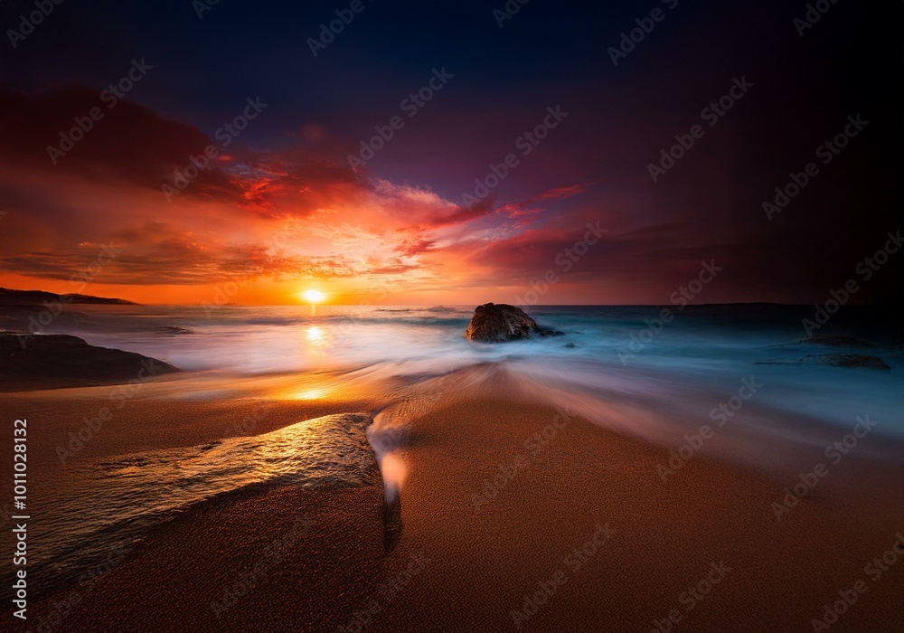 A dramatic sunset over a calm ocean with a single rock in the foreground and sand in the bottom of the frame. A dramatic sunset over a calm ocean with a single rock in the foreground and sand in the bottom of the frame.