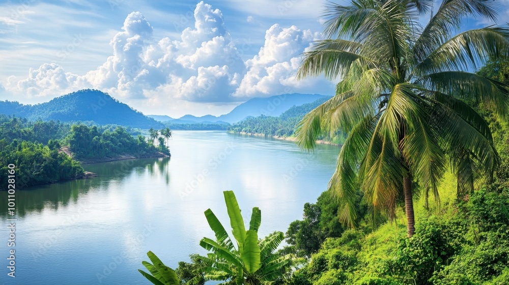 A panoramic view of the Mekong River from Nong Khai, showcasing lush greenery and calm waters. A panoramic view of the Mekong River from Nong Khai, showcasing lush greenery and calm waters.
