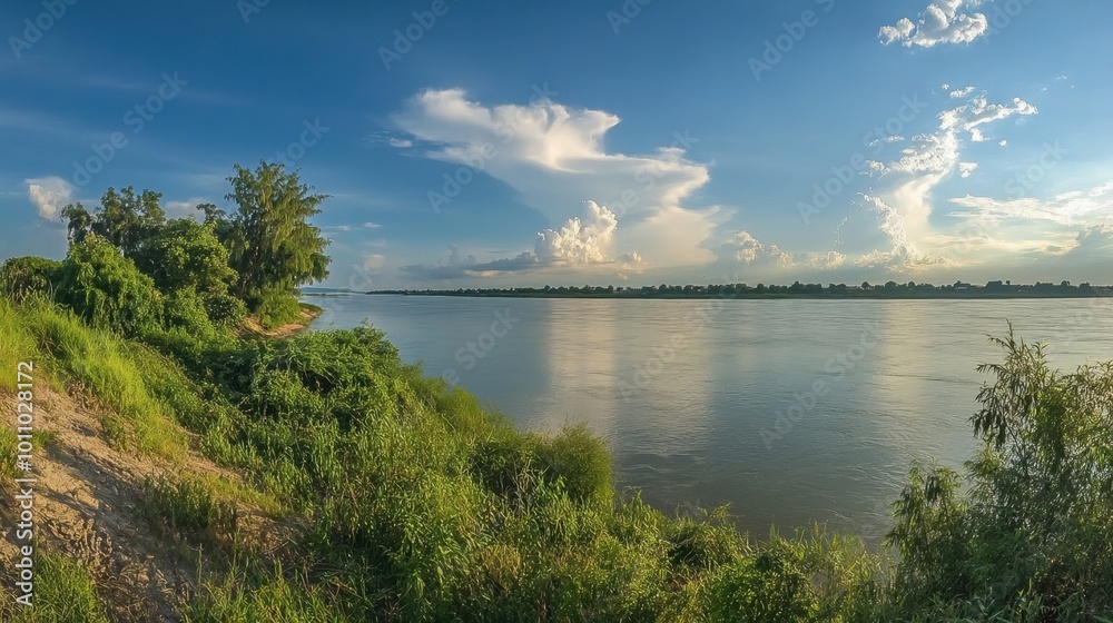 A panoramic view of the Mekong River from Nong Khai, showcasing lush greenery and calm waters. A panoramic view of the Mekong River from Nong Khai, showcasing lush greenery and calm waters.