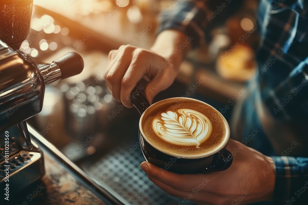 Barista holds a cup of latte art in a coffee shop. Barista holds a cup of latte art in a coffee shop.