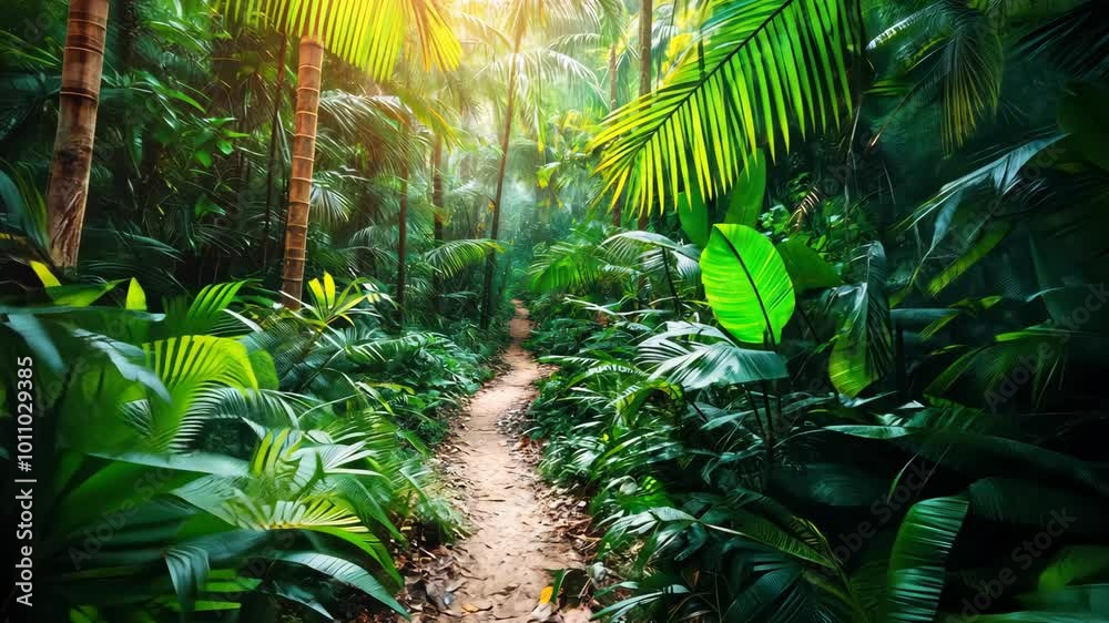 A path through a jungle with trees and plants A path through a jungle with trees and plants