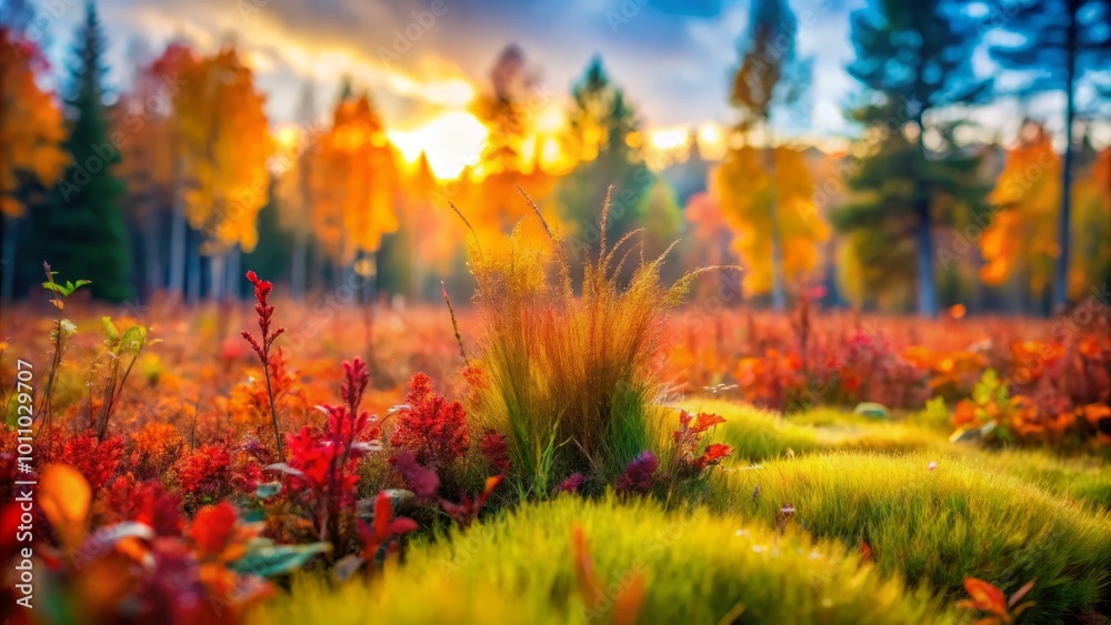 Vibrant autumn herbs and grass create a colorful tapestry in a mystical forest backdrop, perfect for capturing the Vibrant autumn herbs and grass create a colorful tapestry in a mystical forest backdrop, perfect for capturing the