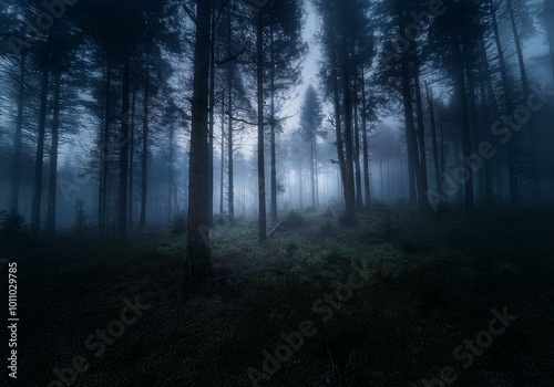 A dense, misty forest with tall trees and a faint path disappearing into the fog.