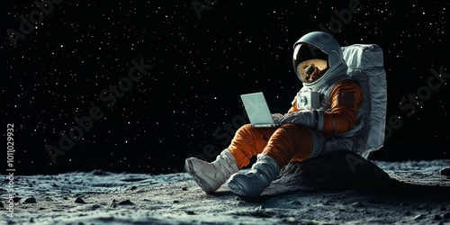 an astronaut sitting on the moon surface on a small rock on the right third of the image, wearing an orange spacesuit, white helmet, white boots and gloves. He has a laptop on his knees and is typing.