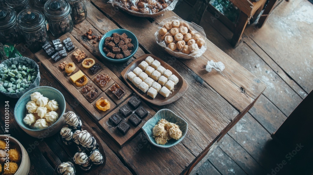 A rustic wooden table filled with homemade sweetmeats, inviting friends and family to gather and indulge. A rustic wooden table filled with homemade sweetmeats, inviting friends and family to gather and indulge.