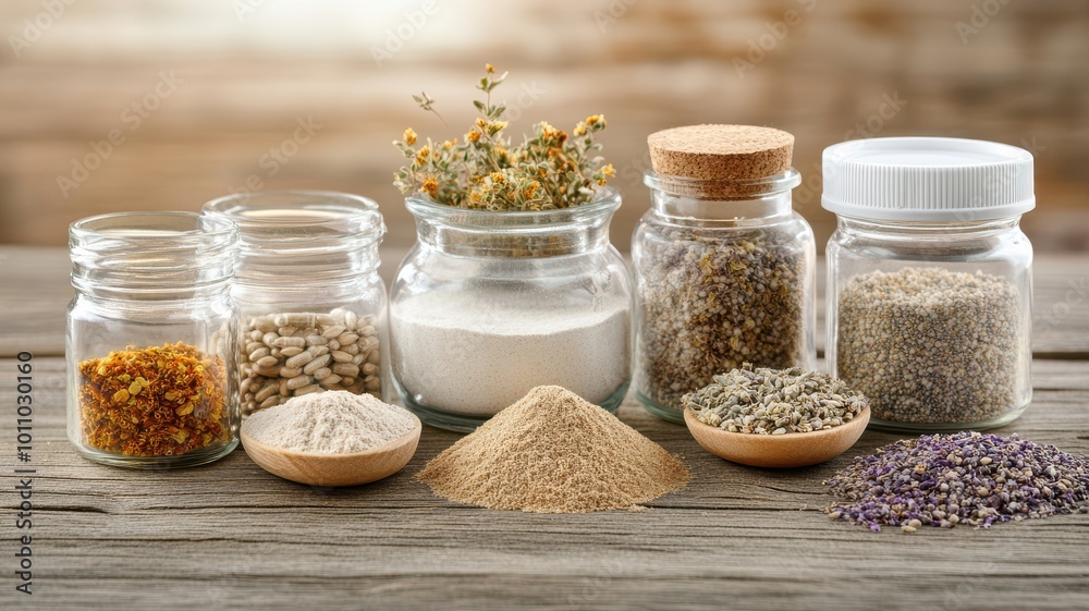 An assortment of spices and herbs in jars arranged on a rustic wooden table, ideal for culinary and cooking themes. An assortment of spices and herbs in jars arranged on a rustic wooden table, ideal for culinary and cooking themes.