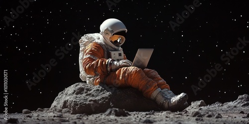 an astronaut sitting on the moon surface on a small rock on the right third of the image, wearing an orange spacesuit, white helmet, white boots and gloves. He has a laptop on his knees and is typing.