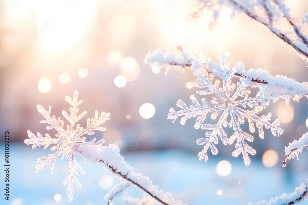 A serene winter scene featuring delicate snowflakes on branches, illuminated by soft sunlight, creating a magical and tranquil atmosphere. A serene winter scene featuring delicate snowflakes on branches, illuminated by soft sunlight, creating a magical and tranquil atmosphere.
