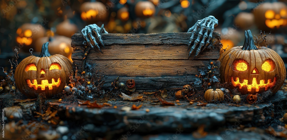 Φωτογραφία A wooden sign with a Halloween-themed background, featuring pumpkins, a moon, and a skeleton hand holding the wooden board