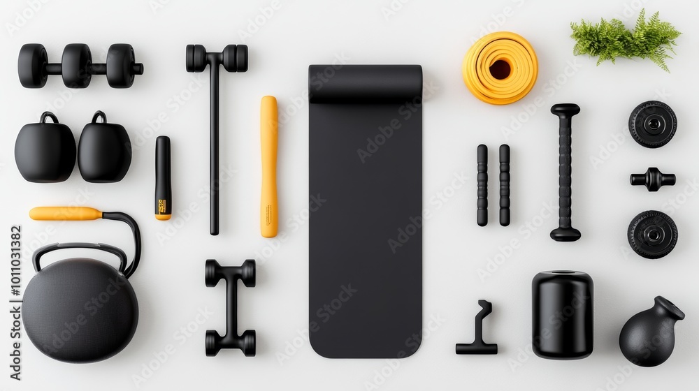 Black and Yellow Fitness Equipment Flat Lay Home Workout Essentials Black and Yellow Fitness Equipment Flat Lay Home Workout Essentials