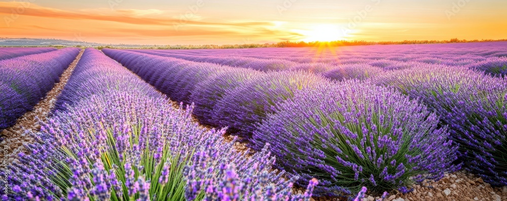 Obraz premium Breathtaking lavender field at sunset, showcasing vibrant purple flowers under a warm golden sky.