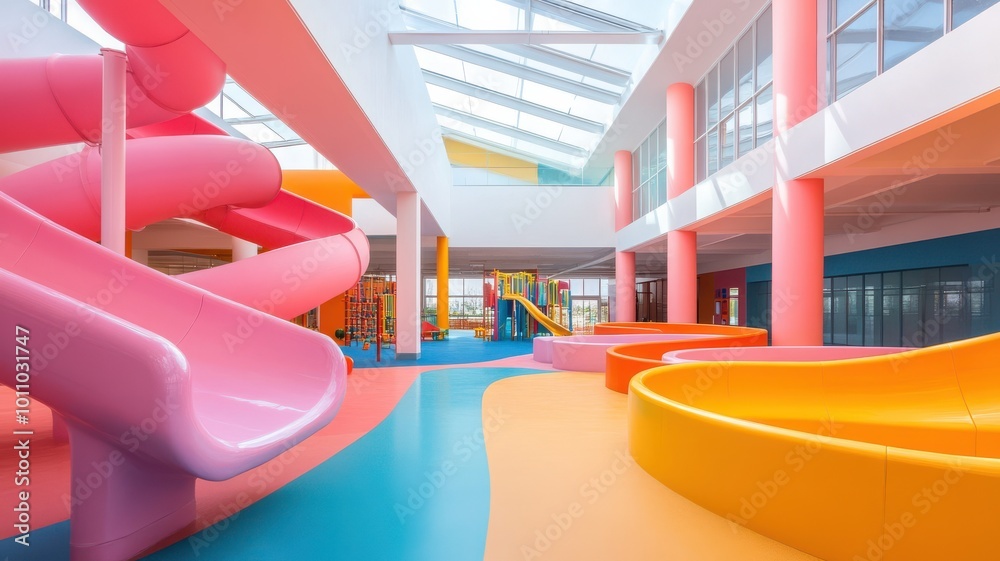 Naklejka premium Bright and playful indoor playground featuring colorful slides and soft surfaces for children to enjoy and explore safely.