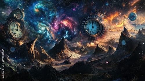 A cosmic landscape where time and space intertwine, featuring clocks melting over mountains and swirling galaxies.