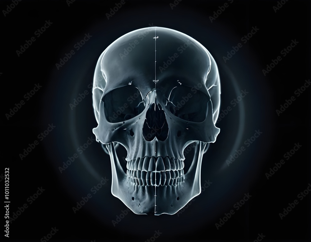 Detailed transparent view of a human skull, highlighting anatomical structures and contours. Horror Detailed transparent view of a human skull, highlighting anatomical structures and contours. Horror