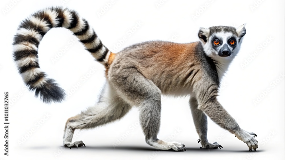 Fototapeta premium Walking lemur on a white background, perfect for wildlife and nature photography. Ideal for showcasing animal traits