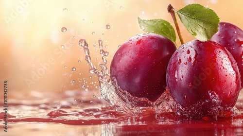 Fresh plum splashing, with bright juice droplets, representing a ripe and refreshing summer scene.