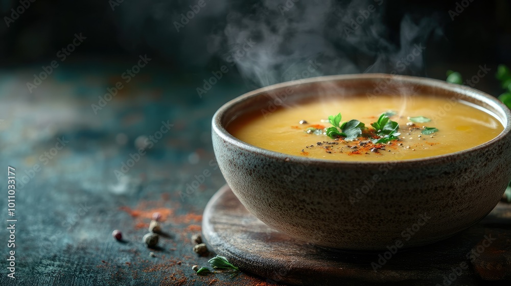 Fresh soup in a ceramic bowl, garnished with herbs and spices, steaming hot, with space around for copy. Fresh soup in a ceramic bowl, garnished with herbs and spices, steaming hot, with space around for copy.