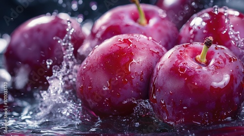 Fresh plums in a splash of juice, with vivid droplets, symbolizing a burst of fruity freshness.