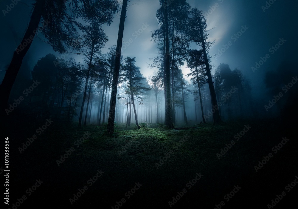 A dark and mysterious forest with tall trees shrouded in fog. A dark and mysterious forest with tall trees shrouded in fog.