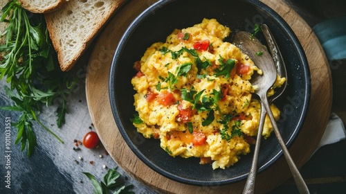 Freshly cooked scrambled eggs with veggies, served with toast and herbs, perfect for a healthy morning meal.