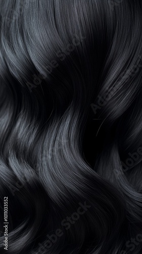 Lustrous Black Hair Cascading in Elegant Waves on a Smooth Surface