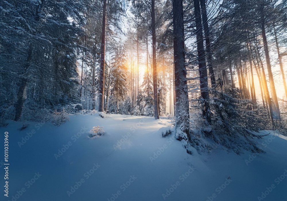 A snowy forest path leads towards a bright sunrise through the trees. A snowy forest path leads towards a bright sunrise through the trees.