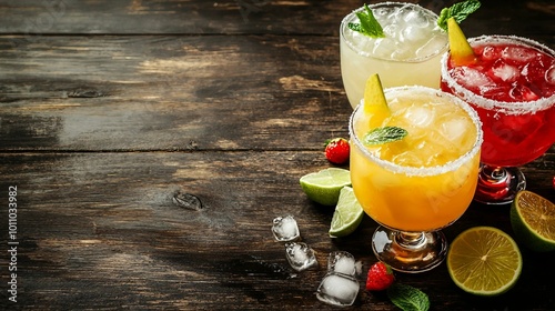 Refreshing Tropical Cocktails with Lime and Mint on Rustic Wooden Table photo