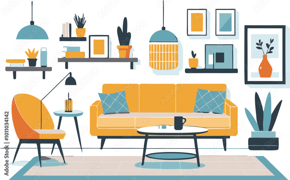 Living room illustration with sofa and furniture decoration Living room illustration with sofa and furniture decoration