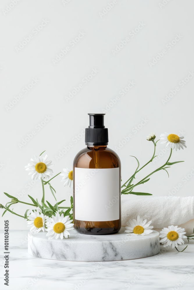Brown glass bottle with pump, surrounded by daisies on a marble surface. Brown glass bottle with pump, surrounded by daisies on a marble surface.