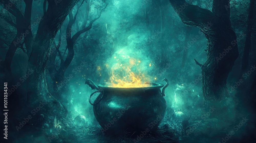 Halloween witch's cauldron bubbling in a dark, misty forest, surrounded by eerie trees and glowing potion. Halloween witch's cauldron bubbling in a dark, misty forest, surrounded by eerie trees and glowing potion.
